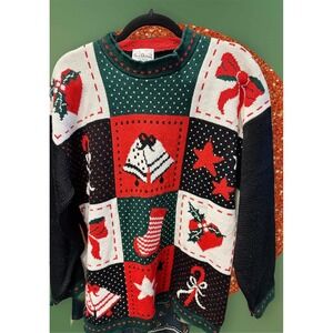 Vintage Nan Dorsey "Ugly" Christmas Sweater Womens Sz M Oversized Patchwork Look